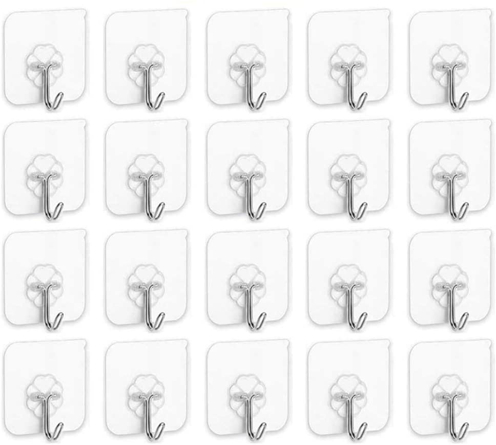 SKY TOUCH 20 Pieces Each Pack Heavy Duty Adhesive Wall Hooks, Waterproof  and Oil Proof Ideal for Kitchen and Bathroom, Transparent/One  Size/Transparent