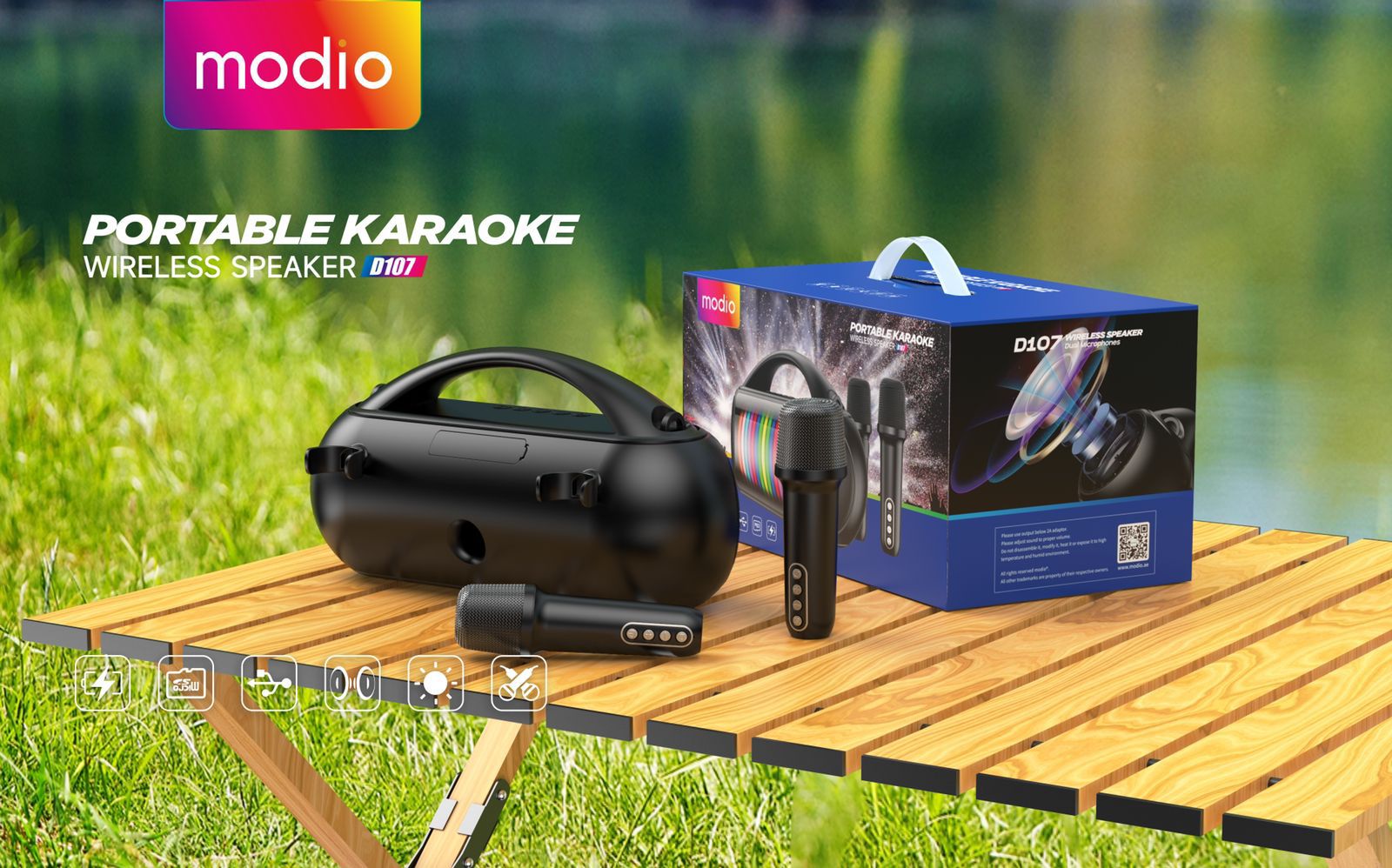 Modio portable wireless speaker Karaoke with DJ Laser light and Two mic