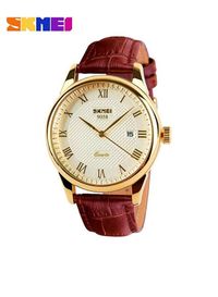 SKMEI Casual Business Quartz Wristwatch with Roman Numeral and Leather Band 9058-Brown-Gold