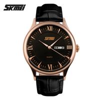 SKMEI 9091 White Dial Original Leather Straps Wrist Watch for Men - Black