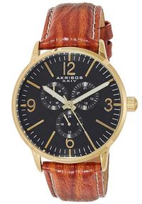 Akribos XXIV  Men's Multifunction Dual Time Zone Watch Military Time - Sunburst Dial with Day/Date Subdial Cognac Textured Genuine Leather Strap with White Stitching AK769 - Brown/Black