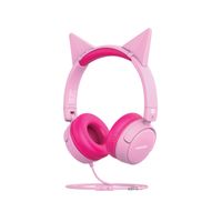 Promate Wired Kids Headphones, Premium Detachable Cat Ear Kids Headset with Mic, 85dB to 95dB Sound Control, AUX Share Port and Soft Pads, for Smartphones, Laptops, Mp3 Player, Jewel BubbleGum