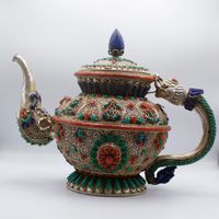 Masterpiece Nepal Pure Silver Filigree Turquoise Coral Stone Tea Pot Kettle Handmade in Nepal