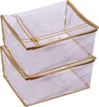 Fun Homes Bow Design 7"inch Transparent Saree Cover/Clothes Organiser For Wardrobe With Golden Border (Set of 2,Gold)-HS_38_FUNH21548