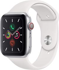 Apple Watch Series 5 (44mm, GPS and LTE) Silver Aluminum Case with White Sport Band