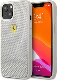 Ferrari Real Carbon Hard Case Metal Logo For iPhone 13 (6.1") - Silver