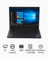 Lenovo ThinkPad E490 Laptop With 14-Inch Full HD Display, Core i5 Processor/ 8GB RAM/ 256 GB SSD + 1TB HDD/Integrated Graphics/Windows 10 Pro /Eng KB, Black/1TB HDD/Black