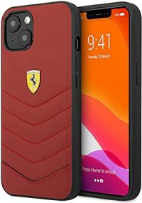 CG MOBILE Ferrari Genuine Leather Quilted Edge Hard Case Compatible for iPhone 13 (6.1") Shockproof Protective Cover | Anti-Scratch Officially Licensed (iPhone 13 (6.1"), Red)