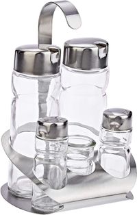 83123- Salt And Pepper Shakers And Oil And Vinegar Bottles Set With Metal Stand Set - 5 Pieces - Clear