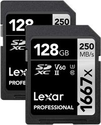 Lexar 128GB (2-Pack) Professional 1667x SDXC Memory Cards, UHS-II, C10, U3, V60, Full-HD & 4K Video, Up To 250MB/s Read, for Professional Photographer, Videographer, Enthusiast (LSD128CBNA16672)