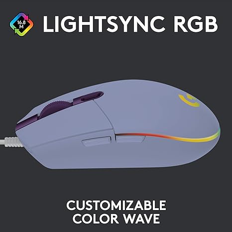 Logitech G203 Lightsync Gaming Mouse, 8000 Dpi, Customizable Buttons & Color Waves - Lilac