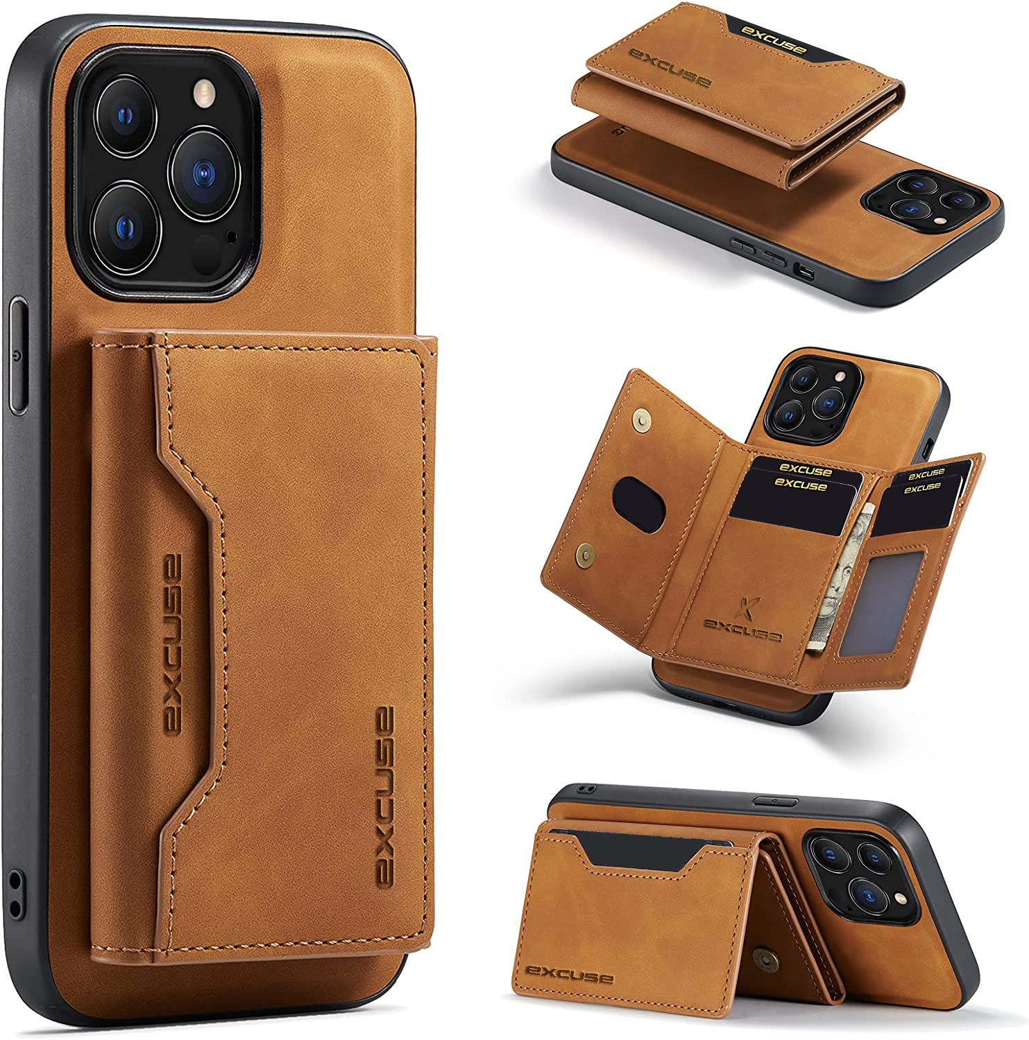 EXco 2 in 1 iPhone cases for 14 pro Max with detachable wallet Premium Quality - Brown