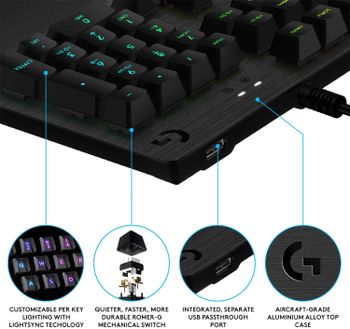 Logitech G512 SE Mechanical Gaming Keyboard, RGB Lightsync Backlit Keys, GX Blue Clicky Key Switches, Brushed Aluminum Case, Customizable F-Keys, USB Pass Through, QWERTY US International Layout-Black