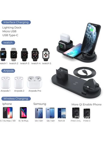 We Happy 6 in 1 Wireless Charging Station, Multi-Function Portable Fast Charger Stand for Smartphone, Apple Watch and AirPods - Black