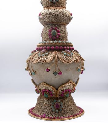 Antique Handcarved Crystal Filgree Flower Vase Home Decoration Silver Plated Inlay Jewelry Vase with Crystal quartz, Rubies and Emeralds Gemstones Handcrafted in Nepal