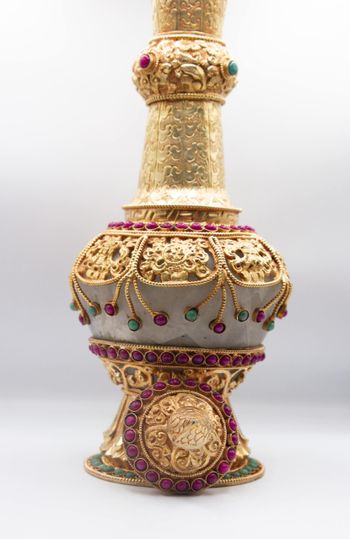 Pair of Golden Plated Vase with Crystal quartz, Rubies and Emeralds Gemstones Gold Gilted Flower Vase Antique Home Decoration Cultural Surahi Handicraft in Nepal