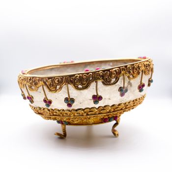 Antique Tibetan Style Gold Plated Gilt Filigree, Ruby And Emerald Mounted Rock Crystal Bowl