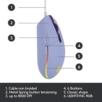 لوجيتك G203 ماوس ألعاب لايت سينك، 8000 نقطة في البوصة، أزرار قابلة للتخصيص وموجات ألوان - أرجواني