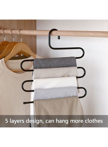 We Happy S Shape Clothes Hanger, 5 layers Pants Ties Multipurpose Stainless Steel Storage Space Saving Organizer, Black (Pack of 2)