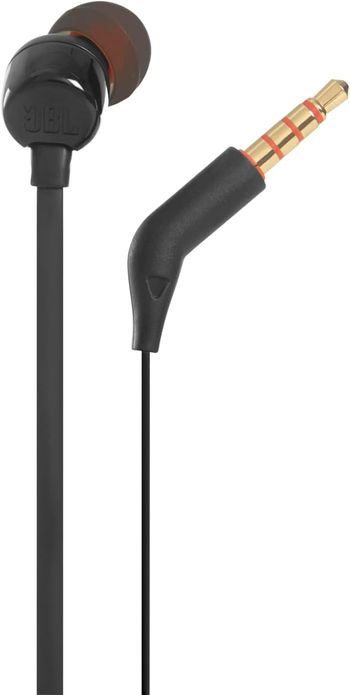 JBL Tune 110 Wired In-Ear Headphones, Deep and Powerful Pure Bass Sound, 1-Button Remote/Mic, Tangle-Free Flat Cable, Ultra Comfortable Fit JBLT110BLK - Black