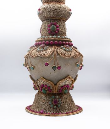 Antique Handcarved Crystal Filgree Flower Vase Home Decoration Silver Plated Inlay Jewelry Vase with Crystal quartz, Rubies and Emeralds Gemstones Handcrafted in Nepal