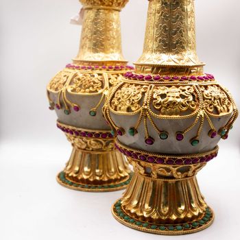 Pair of Golden Plated Vase with Crystal quartz, Rubies and Emeralds Gemstones Gold Gilted Flower Vase Antique Home Decoration Cultural Surahi Handicraft in Nepal