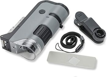 Carson MicroFlip 100x-250x LED and UV Lighted Pocket Microscope with Flip Down Slide Base and Smartphone Digiscoping Clip Bundle Included, MP-250BUN