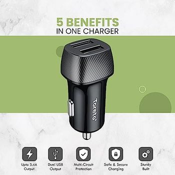 Toreto TOR-427  V8 Tor-Plush Pro Dual USB Port Car Charger with Fast Charge 3.4A + Micro USB Cable