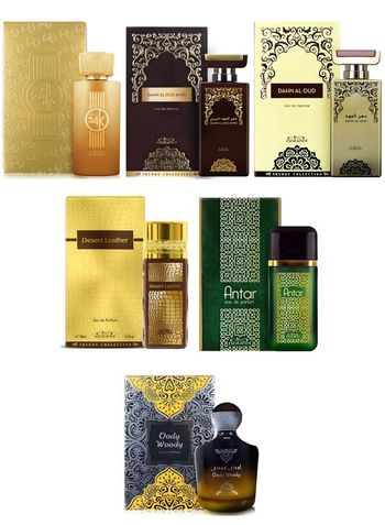 Nabeel Trendy Collection Perfume Set Dahn Al Oud 100 ML, Antar 100 ML, Gold 24K 100 ML, Oody Woody 100 ML, Dahn Al Oud Amiri 100 ML, Desert Leather 100 ML (6 Pieces)