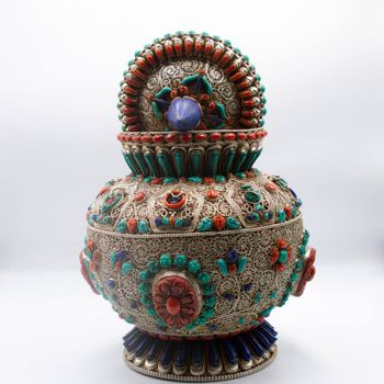 Masterpiece Nepal Pure Silver Filigree Turquoise Crystal Coral Stone Lapis Lazuli Crystal Pot Handmade in Nepal