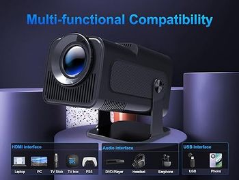 Mini Portable Smart Projector Native 1080P Full HD, Max 4K Supported, 390 ANSI Lumens, WiFi 6, Bluetooth 5.0, Auto Keystone, Android 11.0, 180° Rotation, 150'' Display