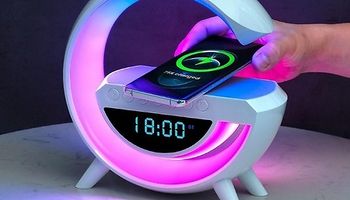 Wireless Speaker Charger Light, Wireless Charger Alarm Clock, G-Shape Mp3 Player Night Light with Multi-Color Changing Atmosphere Lamp and Alarm Clock for Bedroom