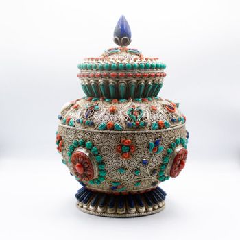 Masterpiece Nepal Pure Silver Filigree Turquoise Crystal Coral Stone Lapis Lazuli Crystal Pot Handmade in Nepal