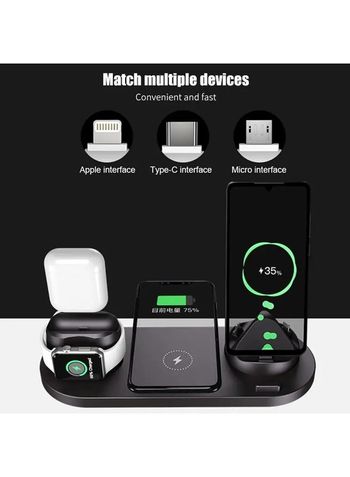 We Happy 6 in 1 Wireless Charging Station, Multi-Function Portable Fast Charger Stand for Smartphone, Apple Watch and AirPods - Black