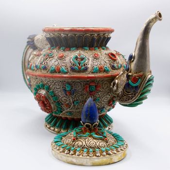 Masterpiece Nepal Pure Silver Filigree Turquoise Coral Stone Tea Pot Kettle Handmade in Nepal