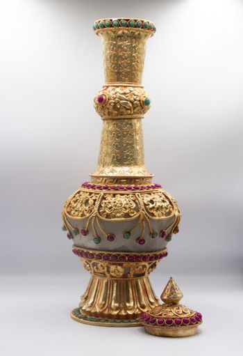 Pair of Golden Plated Vase with Crystal quartz, Rubies and Emeralds Gemstones Gold Gilted Flower Vase Antique Home Decoration Cultural Surahi Handicraft in Nepal