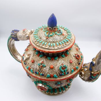 Masterpiece Nepal Pure Silver Filigree Turquoise Coral Stone Tea Pot Kettle Handmade in Nepal