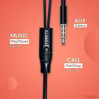 Toreto TOR-1201 Melody-3 in-Ear Wired Earphones with Mic, HD Stereo Sound with High Bass, Tangle Free Cable, Comfort in-Ear Fit, 3.5mm Jack (Black)