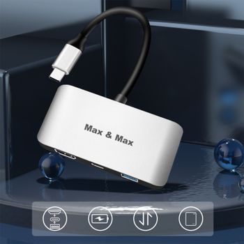 Max & Max 3 in 1 USB Type-C Hub مع HDMI 4k يدعم نقل USB 3.0 بمعدل يصل إلى 10 جيجابت في الثانية ، يمكنه توصيل قرص UM ومحرك الأقراص الثابتة والماوس ولوحة المفاتيح والهاتف ، متوافق مع Mac و Chrome و Windows OS - رمادي