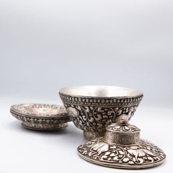 Antique Silver Cup with lid and Plate Set with Ruby Gemstone Ornamental Decorative