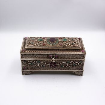 Exquisite Pure Silver Filigree Inlay Jewel Woman Jewelry Storage Box, Ruby And Emerald Gemstones Box