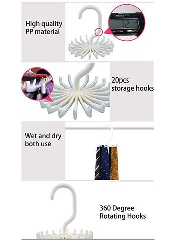 Pack of 3 Tie Holder Belt Hanger with Rotating 20 Hooks Durable Scarf and Accessories Organizer White