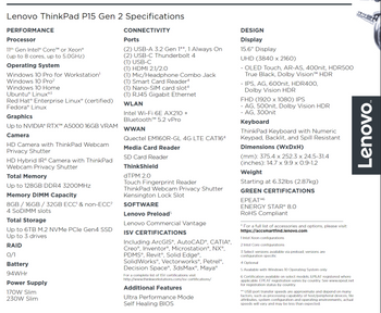 Lenovo Thinkpad P15 Gen 2 Flagship Monster Mobile Workstation - 11th Gen Core i9 11950H - 8 Core 16 threads Processor - Nvidia RTX A5000 16GB Dedicated Graphics - 128GB RAM DDR4 - 1TB x2 ( 2 TB SSD ),15.6'' UHD OLED Touch Display - Thunderbolt 4 Type C -