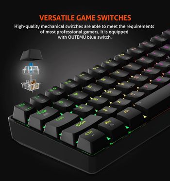 MEETION RGB Backlit Mini 61 Keys, 60% Mini Blue Switch Mechanical Keyboard Black MT-MK005