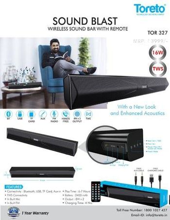 TORETO Wireless Soundbar Blast (tor-327) With Infrared Wireless Remote Control