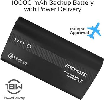 Promate 10000mAh USB-C Power Bank, Compact Palm Size 18W USB Type-C Input /Output Power Delivery External Battery Charger with QC 3.0 Port for iPhone XS /XS Max, Samsung S9/S9+, PowerTank-10 Black