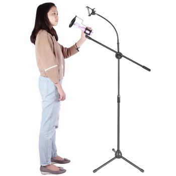 Metal Microphone Floor Stand with Boom Arm 360 Rotating Phone Holder