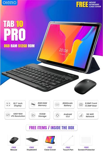 Oteeto TAB 10 Pro Single SIM 5G Network 8GB RAM + 512GBG ROM 8000 mAh 8MP Front + 13MP Rear Camera Quad Core 2.0GHz  Processor Android 13 Includes Keyboard,Mouse,Touch Pen,OTG,Flip Cover - Grey