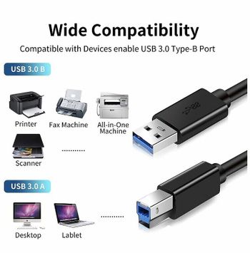 كابل طابعة USB 3.0 نوع A ذكر إلى نوع B ذكر (5KL2E22501)، معدل نقل بيانات 5 جيجابت في الثانية، مادة PVC 1.5 متر - أسود