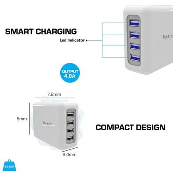 Unicharge 4.8A Desktop USB Turbo Charger Hub (White, TOR-504) TORETO